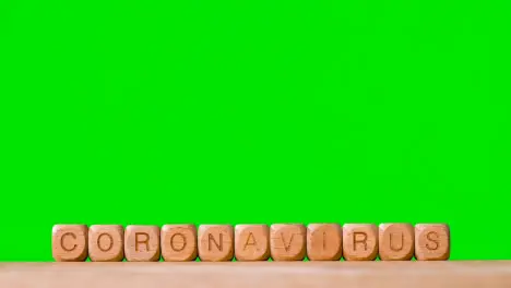 Medical Concept With Wooden Letter Cubes Or Dice Spelling Coronavirus Against Green Screen Background