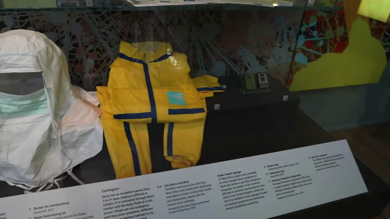 Panning Shot of Protective Equipment Used During the Ebola Outbreak on Display in the National Museum of Scotland