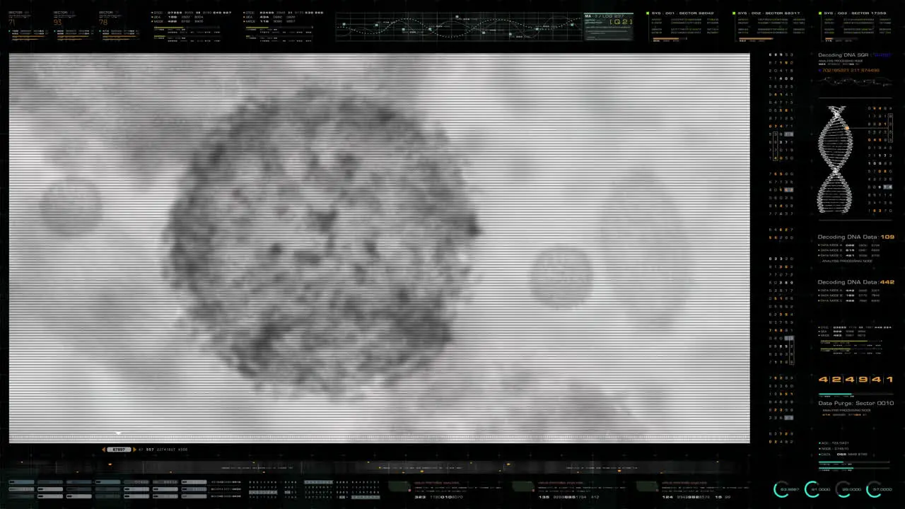 Advance head up display of electron microscope scanning airborne virus outbreak showing the anatomy of the virus in close up details