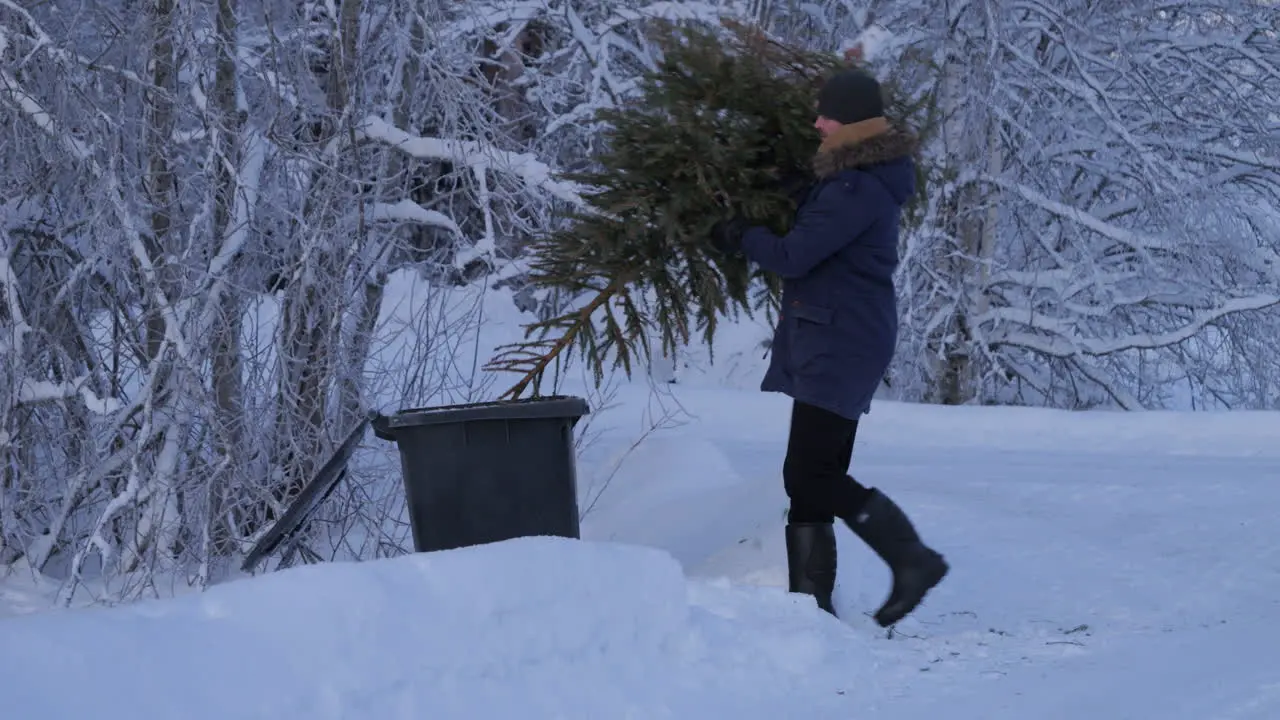 Man in a snowy environment throws the Christmas tree into the rubbish