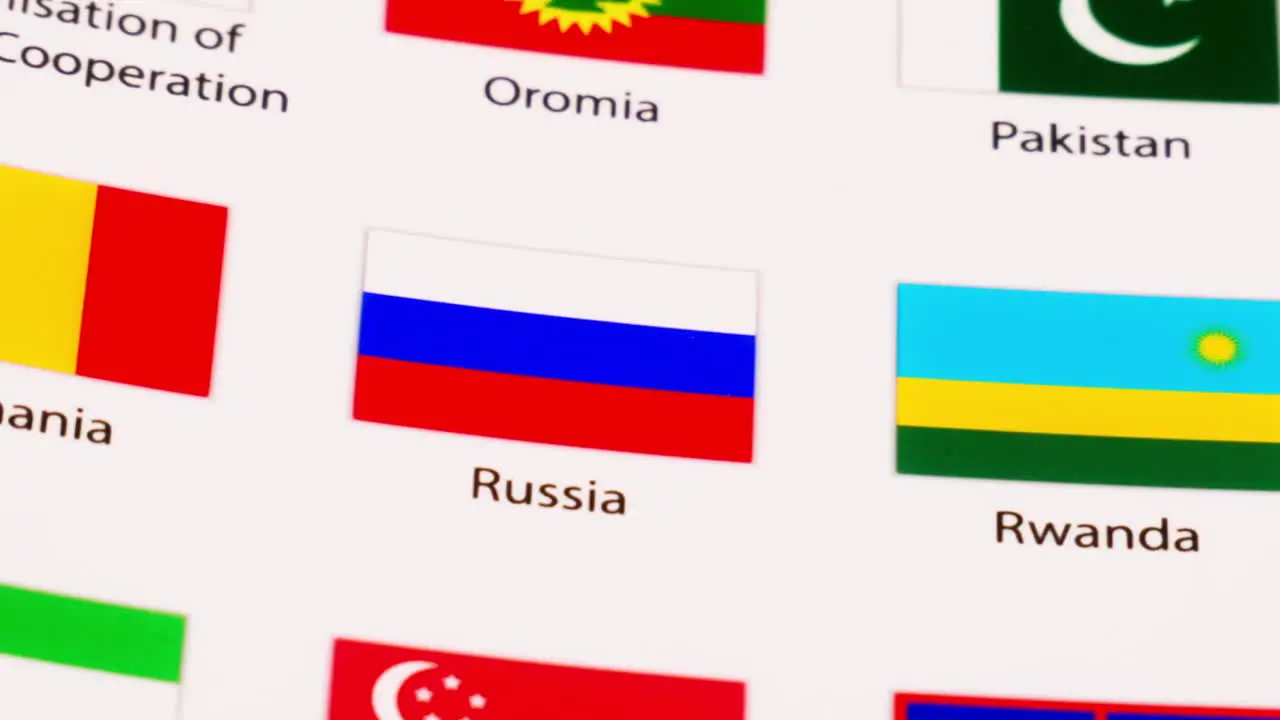 Camera zooms out revealing the Russian national flag and other flags around it in an illustration