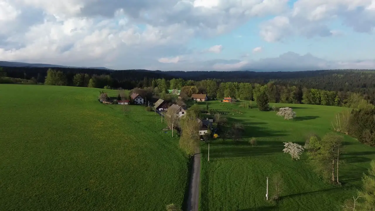 view of a few houses among the meadows near the forest