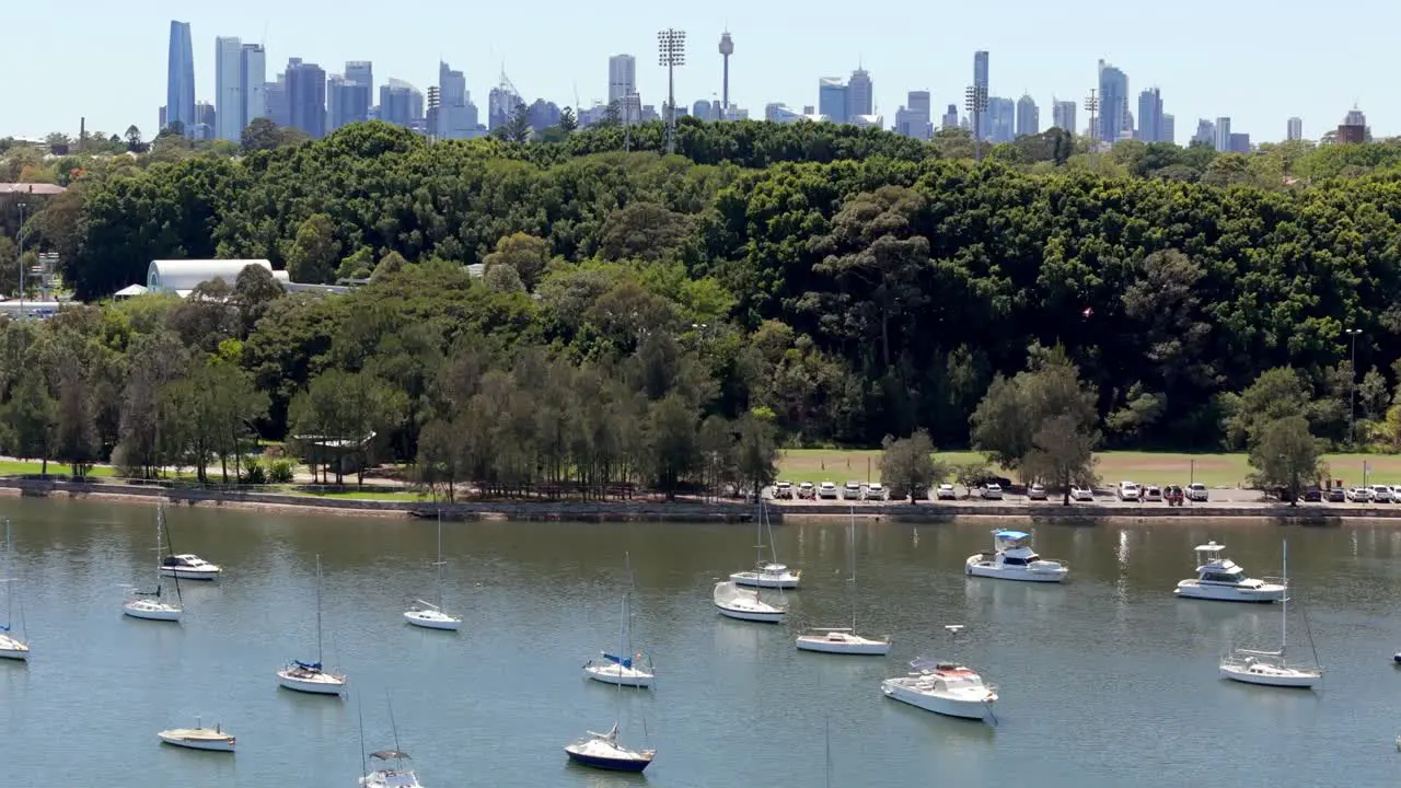 Urban skyline viewed over a tranquil bay dotted with sailboats A perfect blend of nature and city life