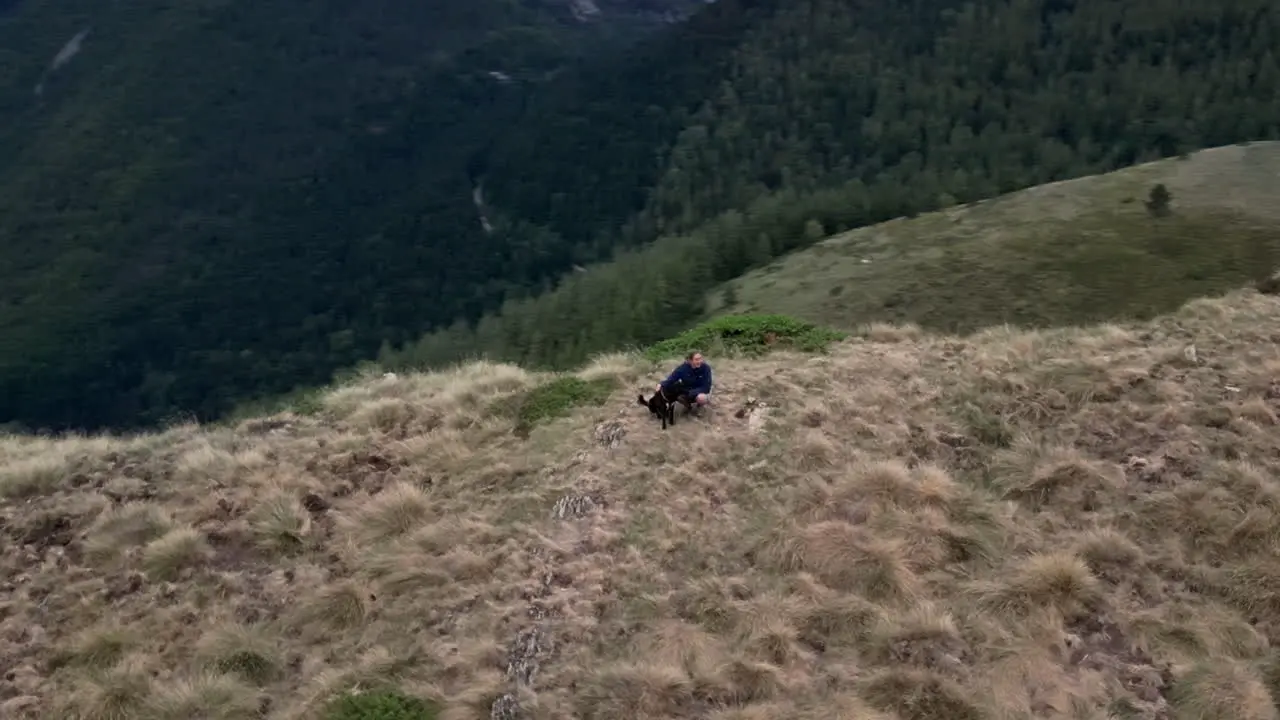 Drone shot of a woman taking a break from hiking with her dog while cows eat on a field in the background