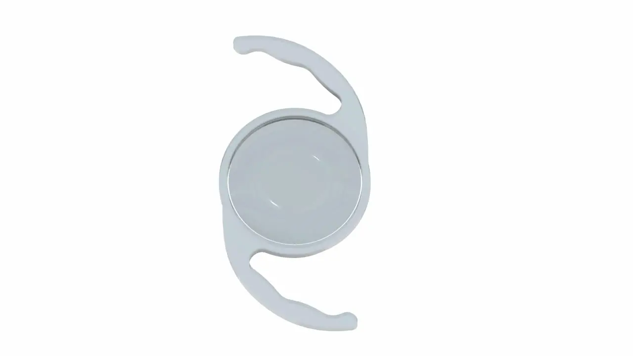 3D Illustration of a clear acrylic intraocular lens used in ophthlamic and cataract surgery being revealed in white background