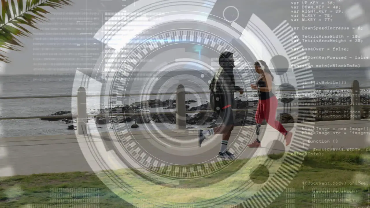 Round scanner against african american woman with prosthetic leg running on the promenade