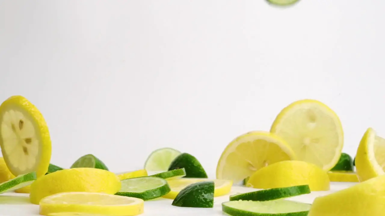 Bright fruit medley of lemon and lime wedges and slices falling and bouncing on white backdrop in slow motion