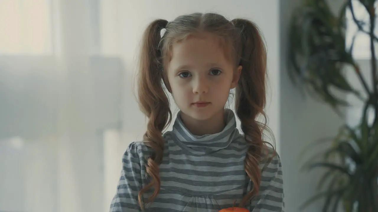 Portrait Of Little Girl Looking At Camera Indoors