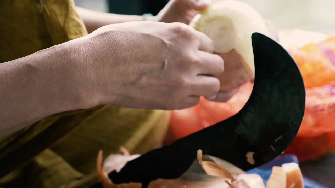 Peeling and preparing onions using traditional vegetable cutter