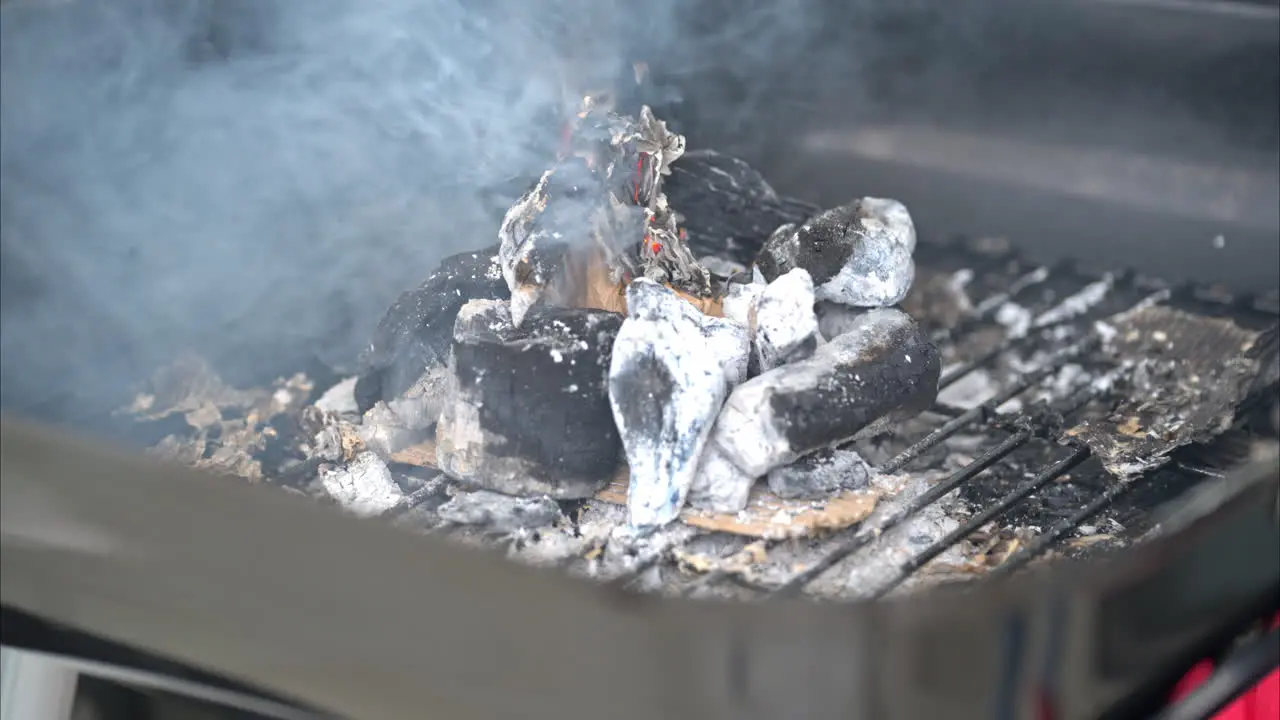 Slow motion close up of a pile of charcoal being ignited by a piece of burning cardboard with a lot of smoke