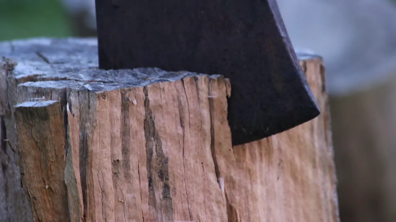 An axe chopping into a wooden log CU