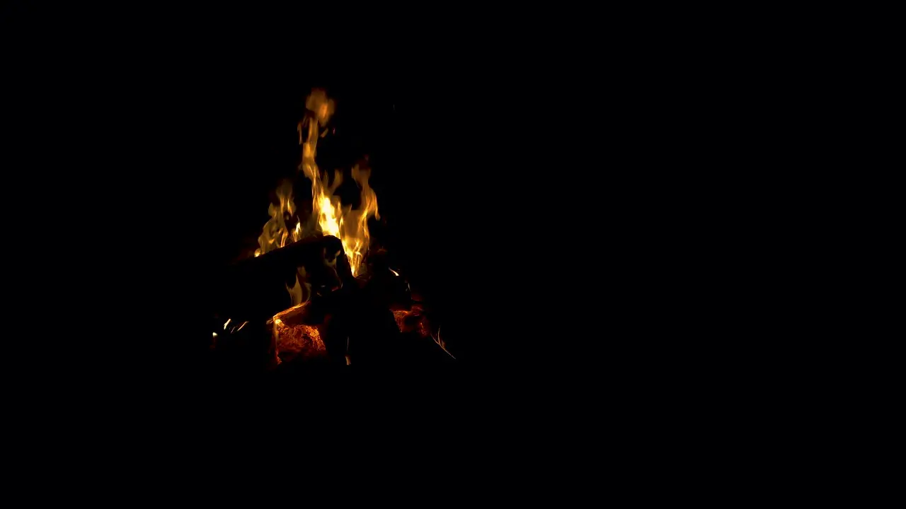 Static shot of burning fire in fireplace during camping holidays at night