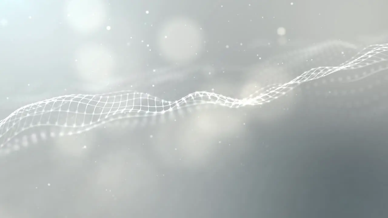 Digitally generated motion graphic white particles wave flowing abstract in cyber space technology de-focus background