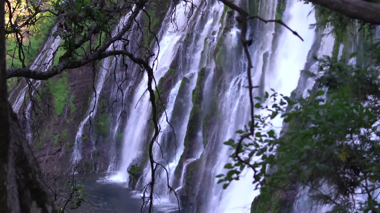 A side view of Burney Falls cascading down volcanic rocks at Burney Falls State Park in Shasta County