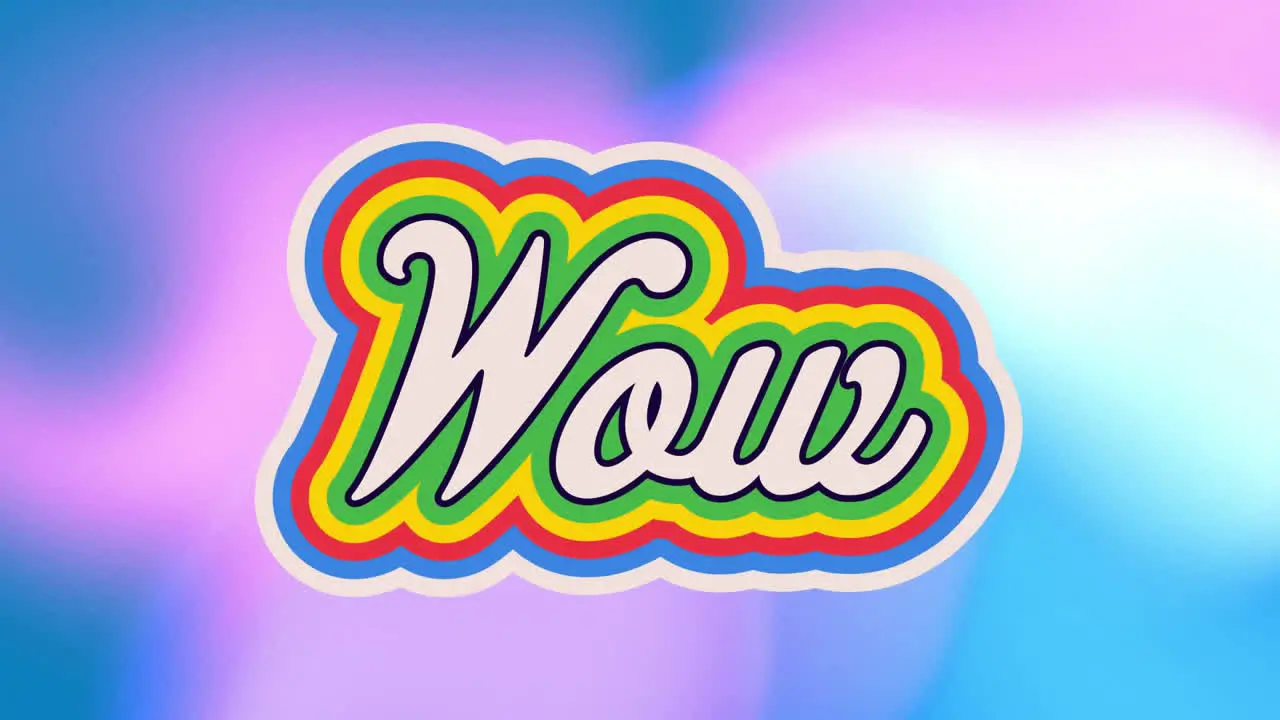 Animation of rainbow wow text over neon pattern background