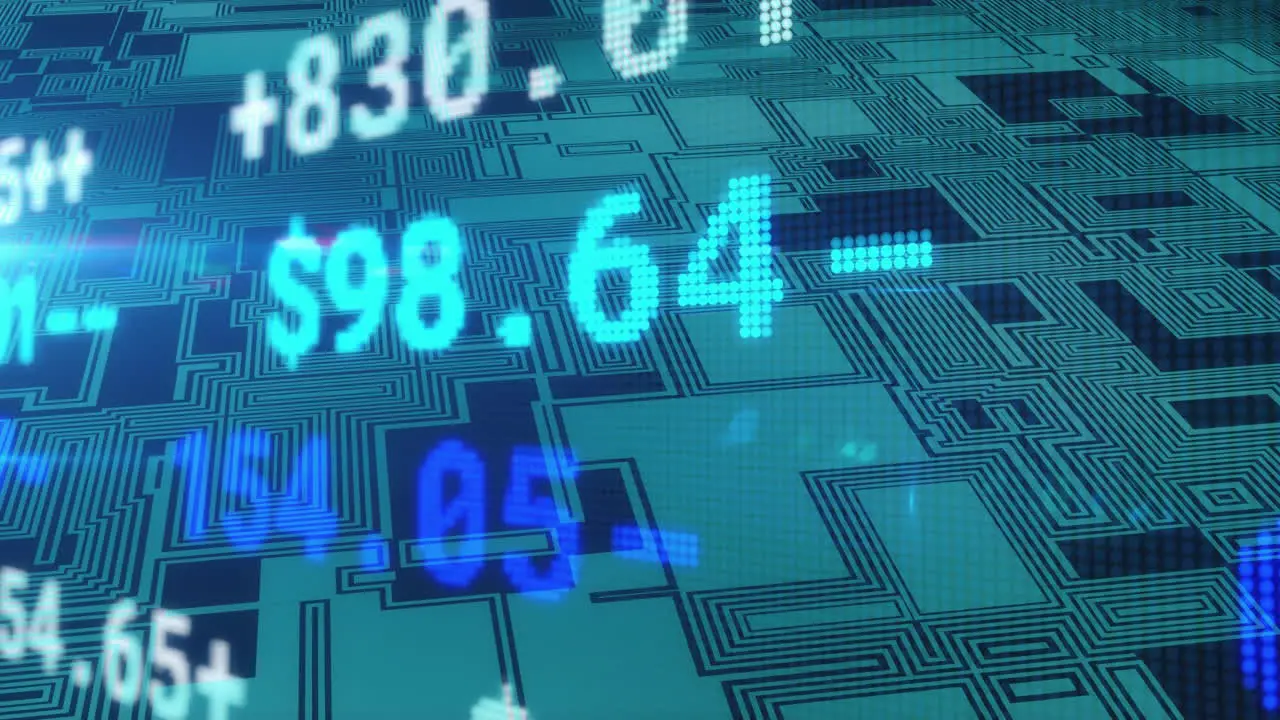 Animation of financial data processing over circuit board background