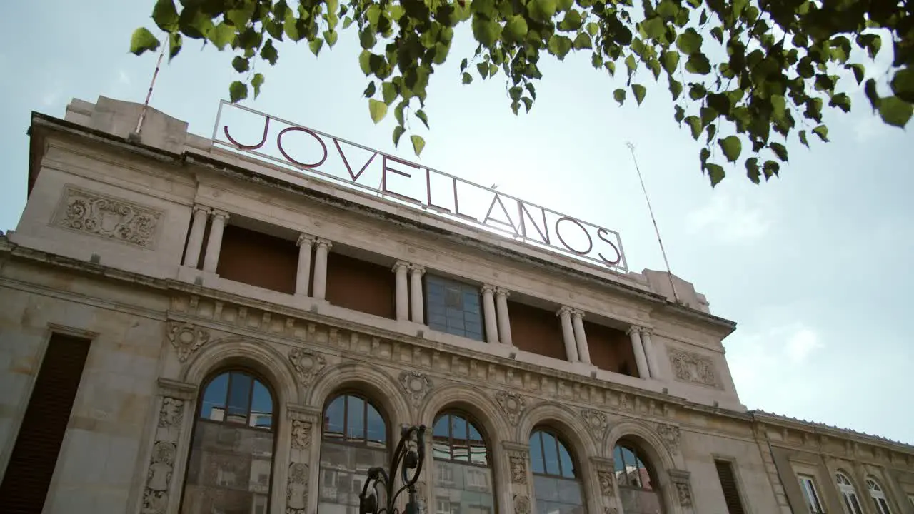 Wide angle clip of the Jovellanos theatre in Gijon Asturias during a sunny day in summer