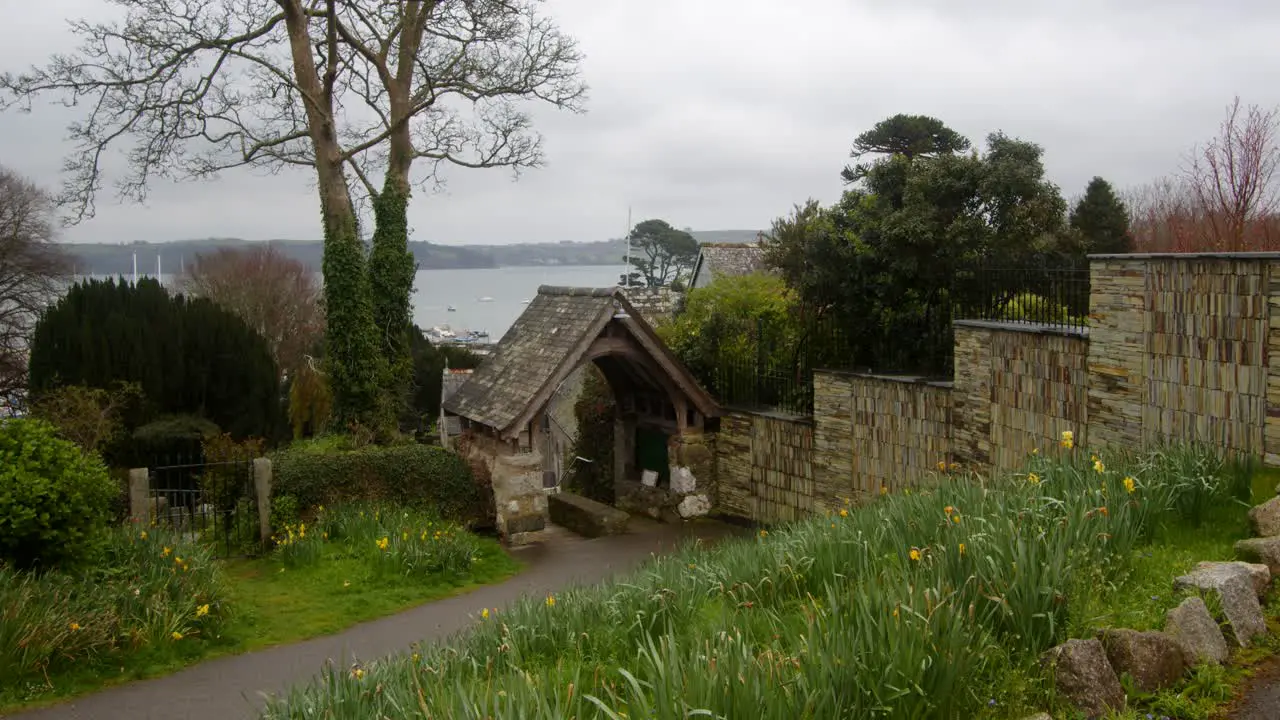 Mid shot of Graveyard entrance at Saint Mylor Church