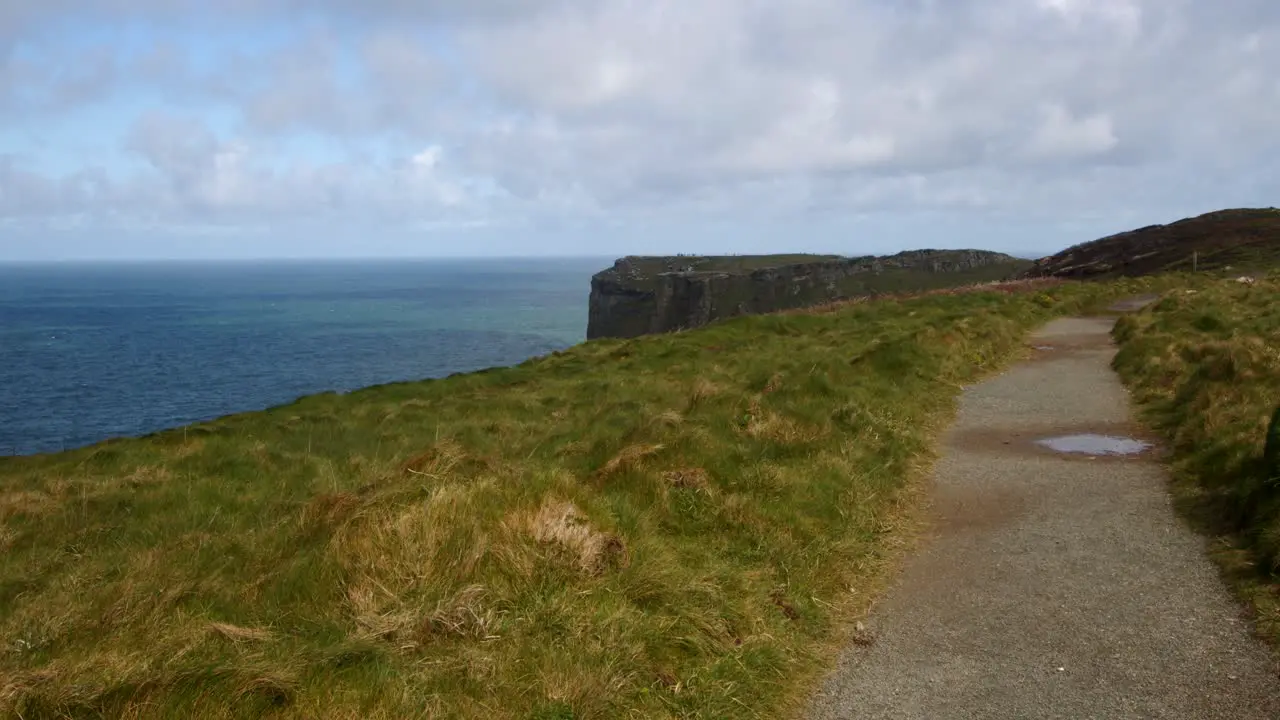 Extra Wide shot of coastal path looking at Tintagel cliffs in background from Lower Penhallic Tregatta