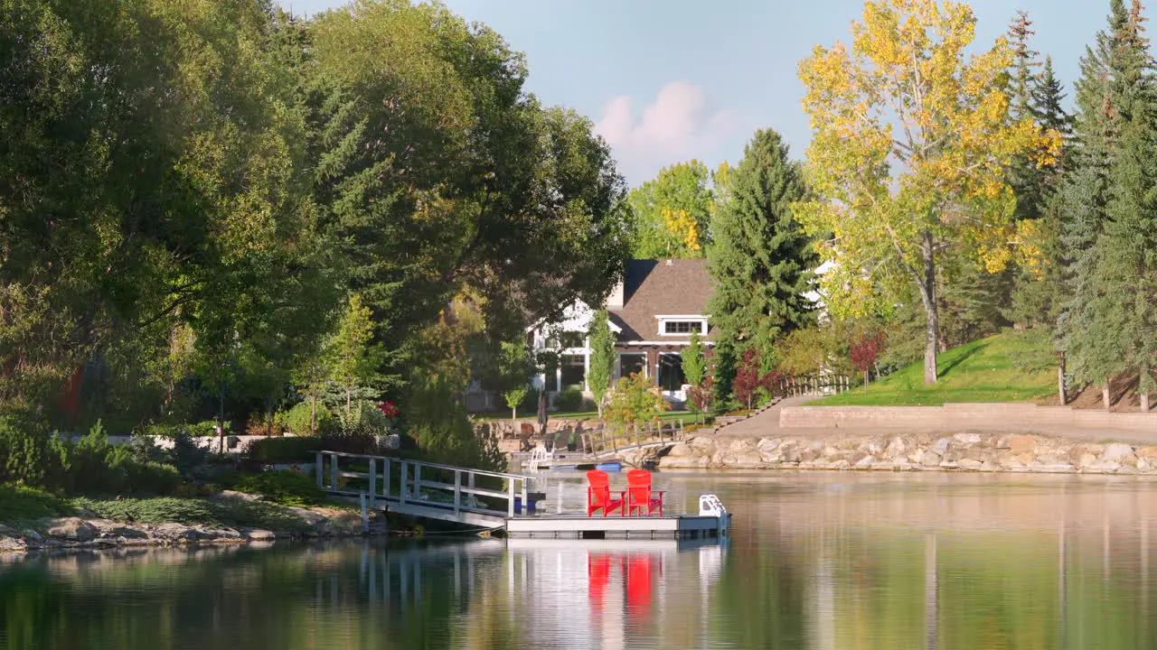 Calm lakeside dock on a mild summer day in Canada