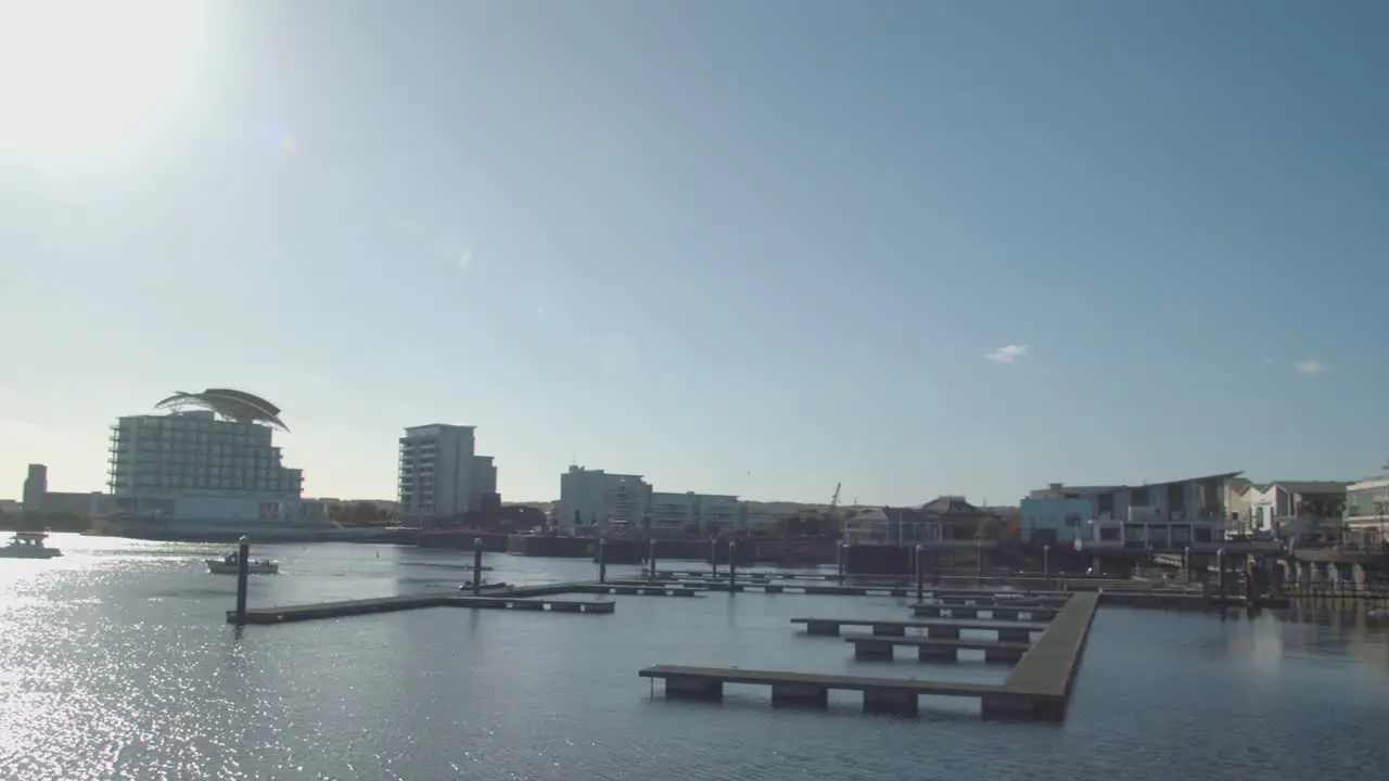 View Across Cardiff Bay In Wales With Boats And Accommodation