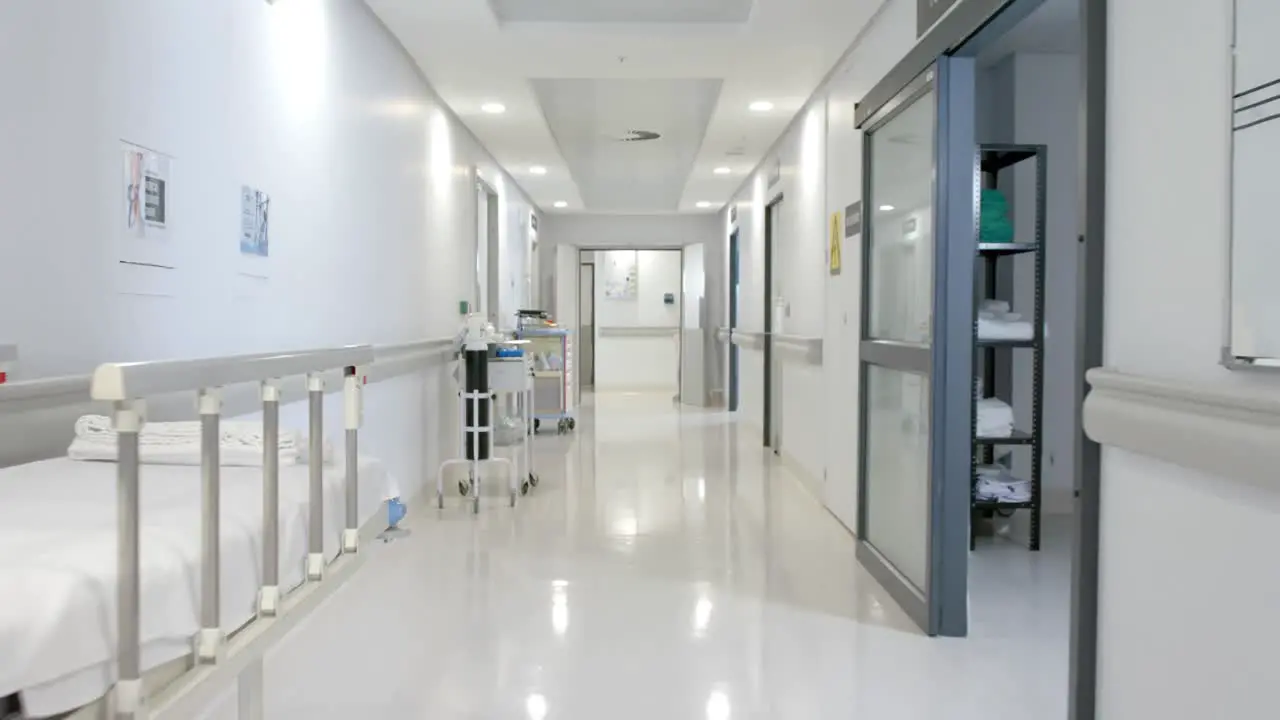 General view of corridor with stretchers and wheelchair at hospital slow motion