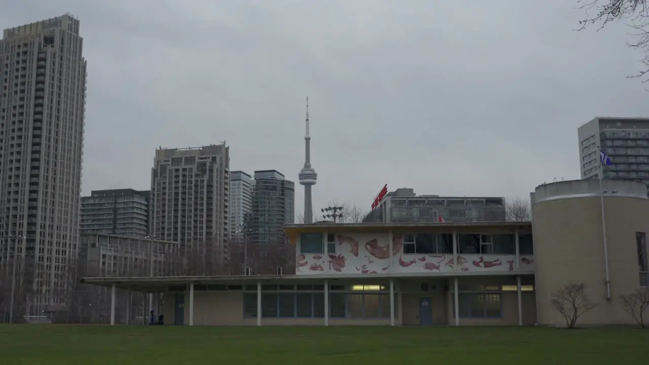 Downtown Toronto Park with sports Field cloudy day