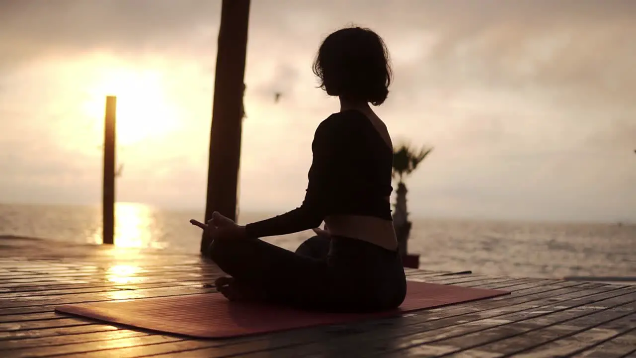 Yogi Girl Is Sitting In Lotus Pose In Front The Sea In Summer On Sunset And Meditating Seagulls Flying Around In The Sky