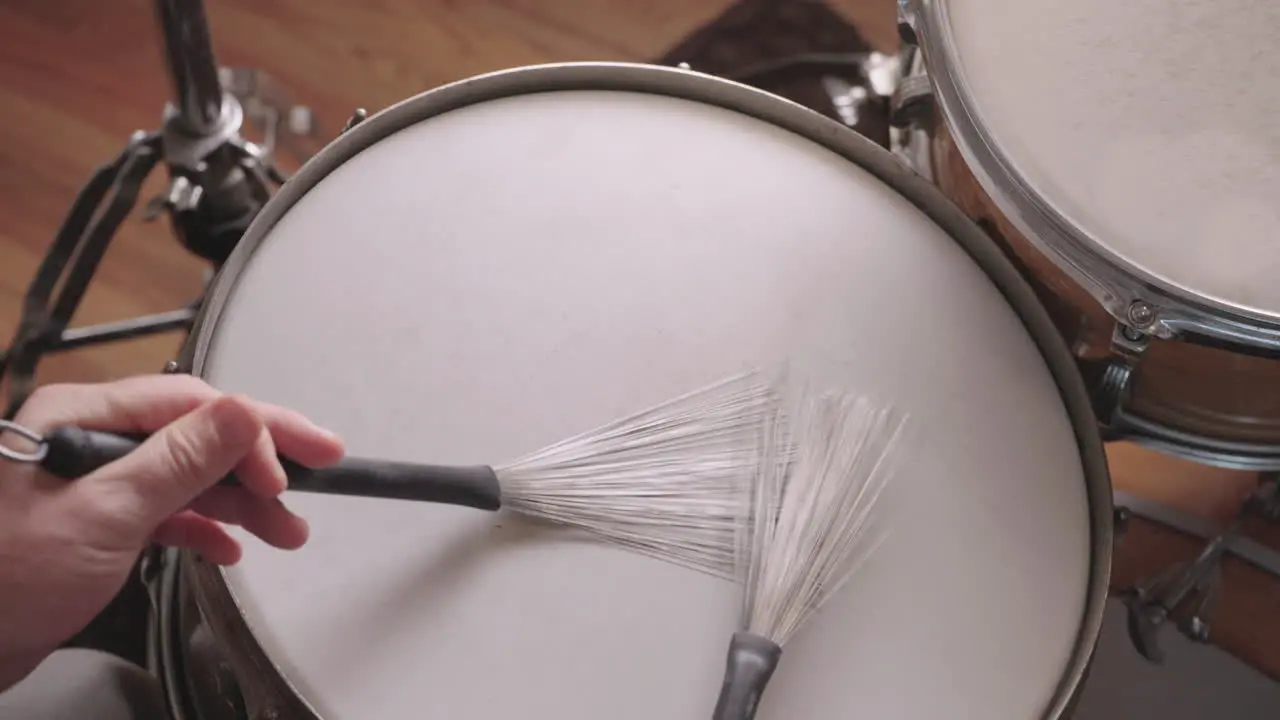 Jazz Drummer Plays Snare Drum With Brushes Overhead Slow Motion