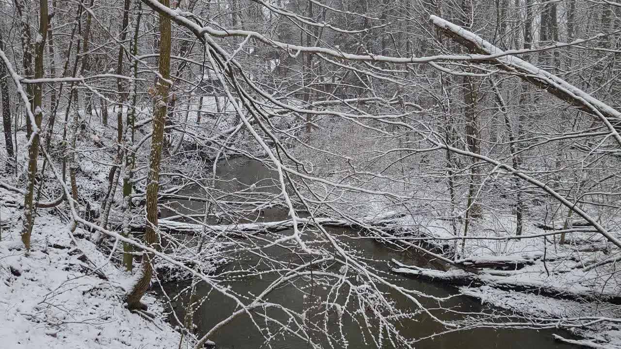 A river creek in the middle of winter after a wet heavy snow storm