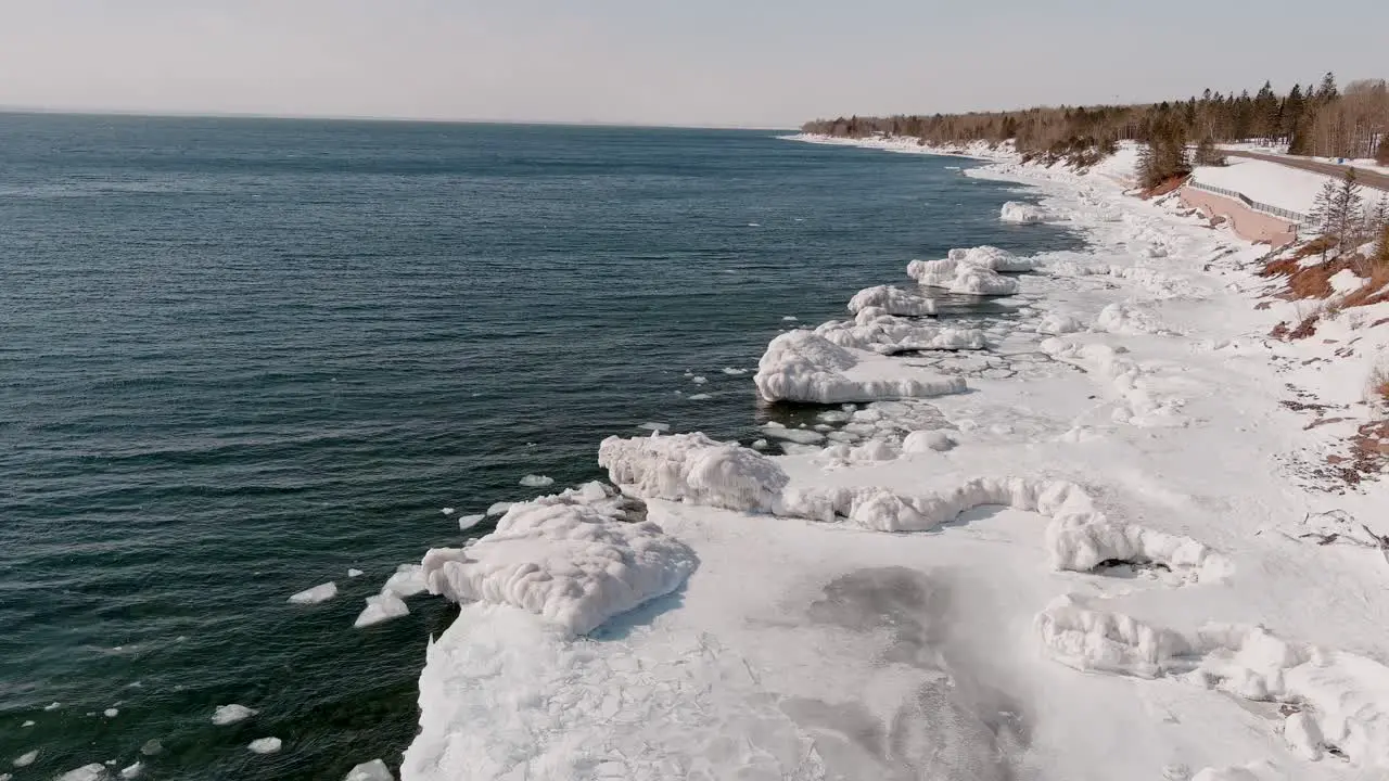 Frozen Waters Of Lake Superior In Minnesota Coast aerial shot