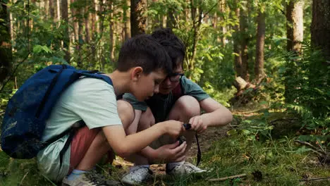 Two kids discovering thing in the forest