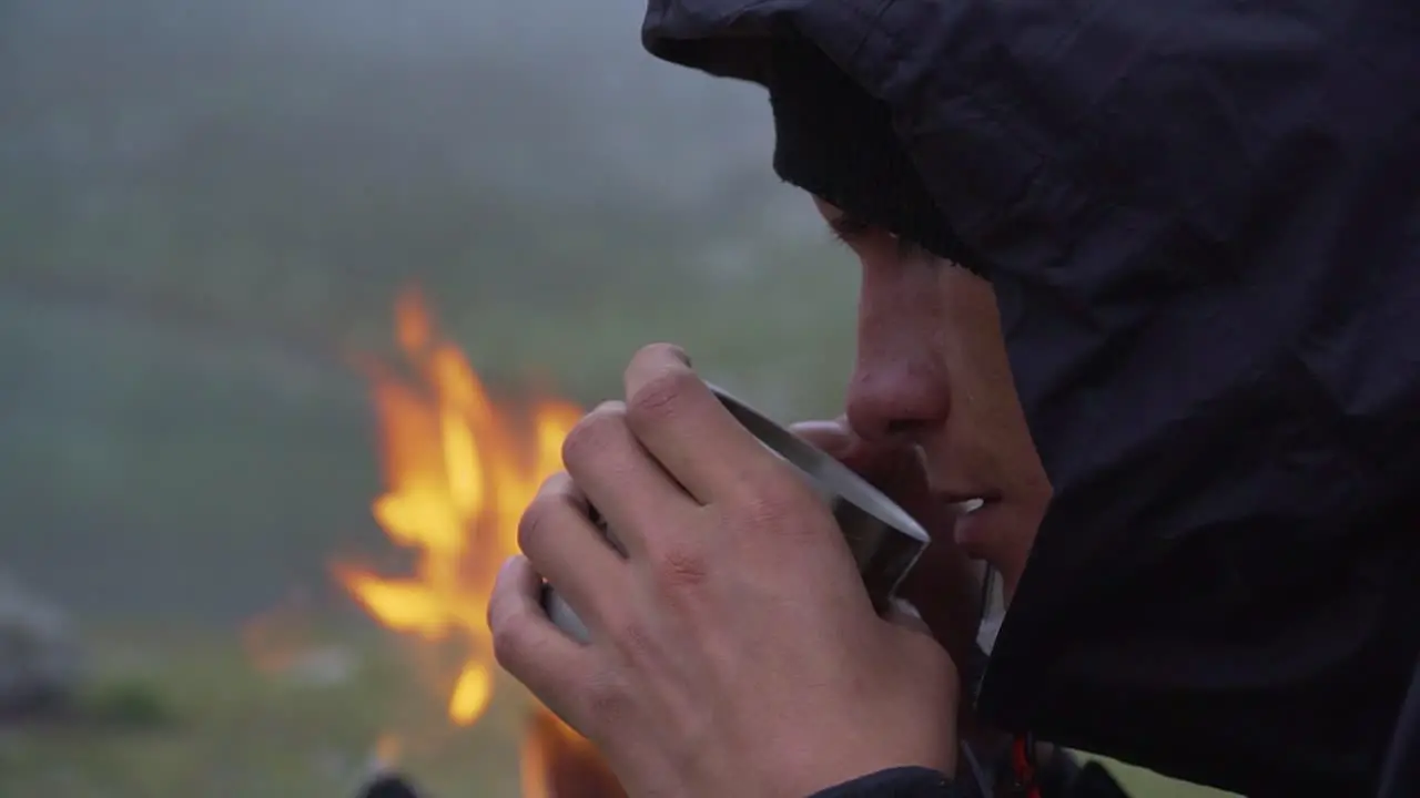 Camper Holding Tight His Tea Cup Warming His Hands In Cold Weather Obrajillo Peru