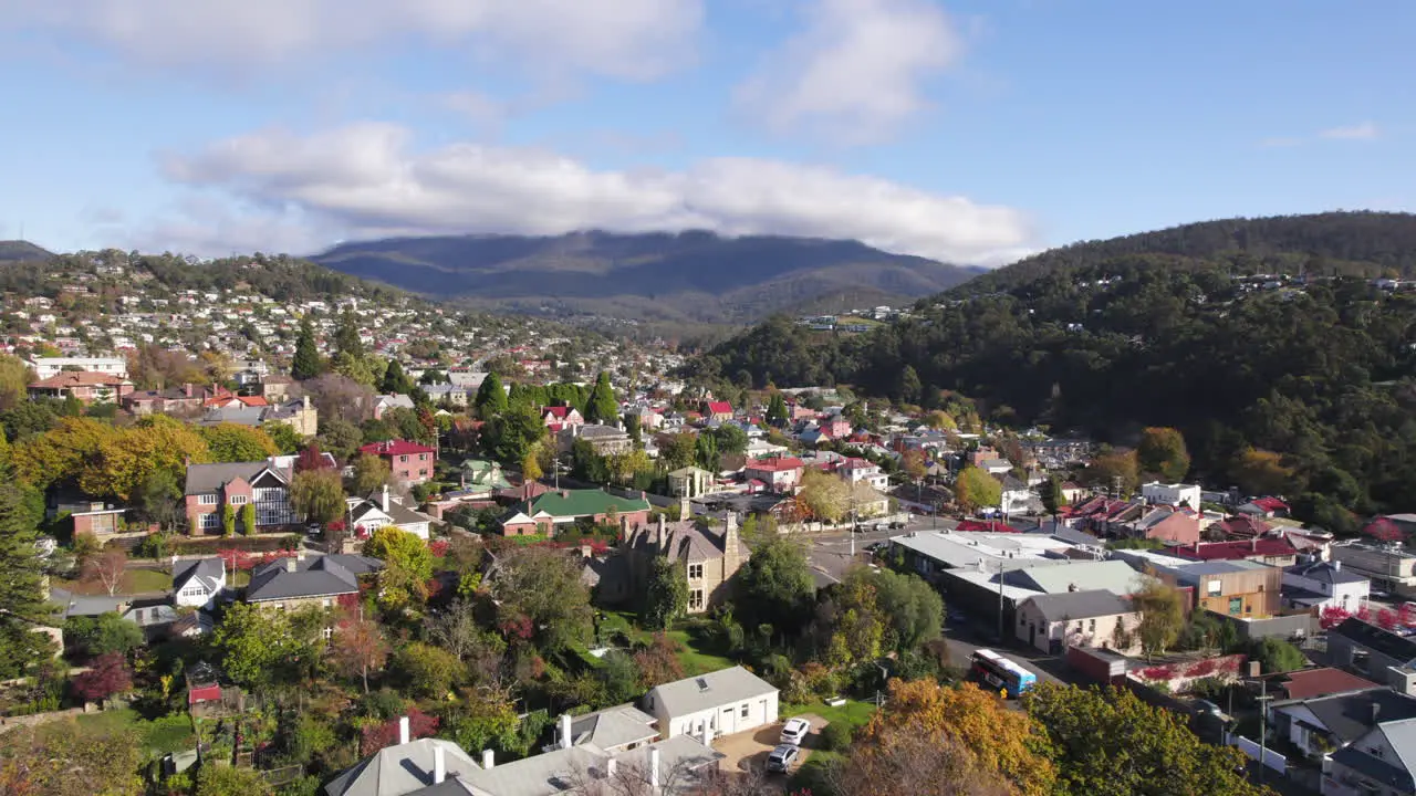 Drone shot of alpine city with mountain in the distance