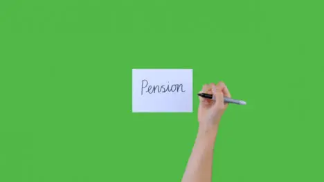 Woman Writing Pension In Cursive on Paper with Green Screen