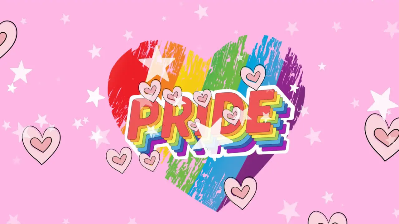 A vibrant pride-themed graphic with a rainbow heart background