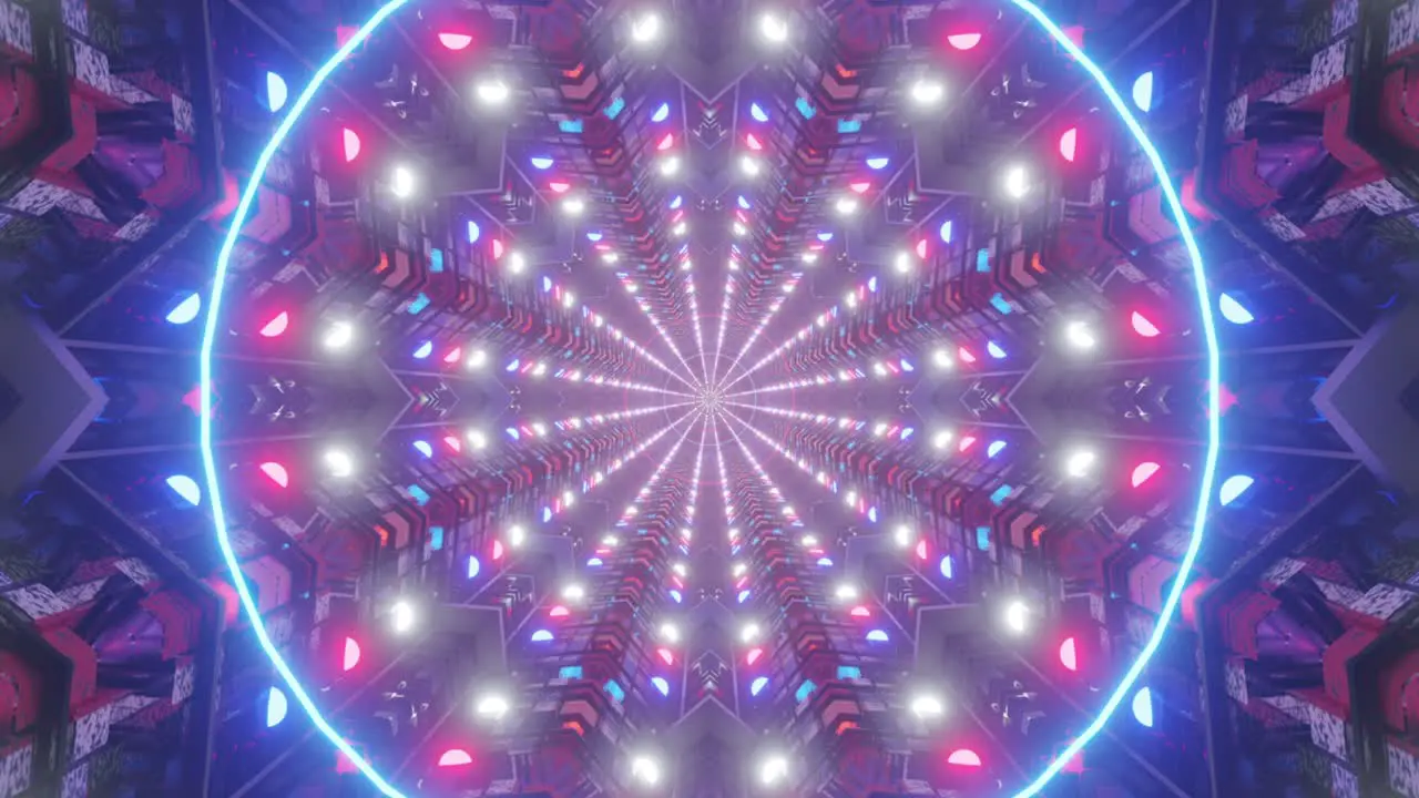 wide circular tunnel with wide star shaped of alternating red blue and white lights