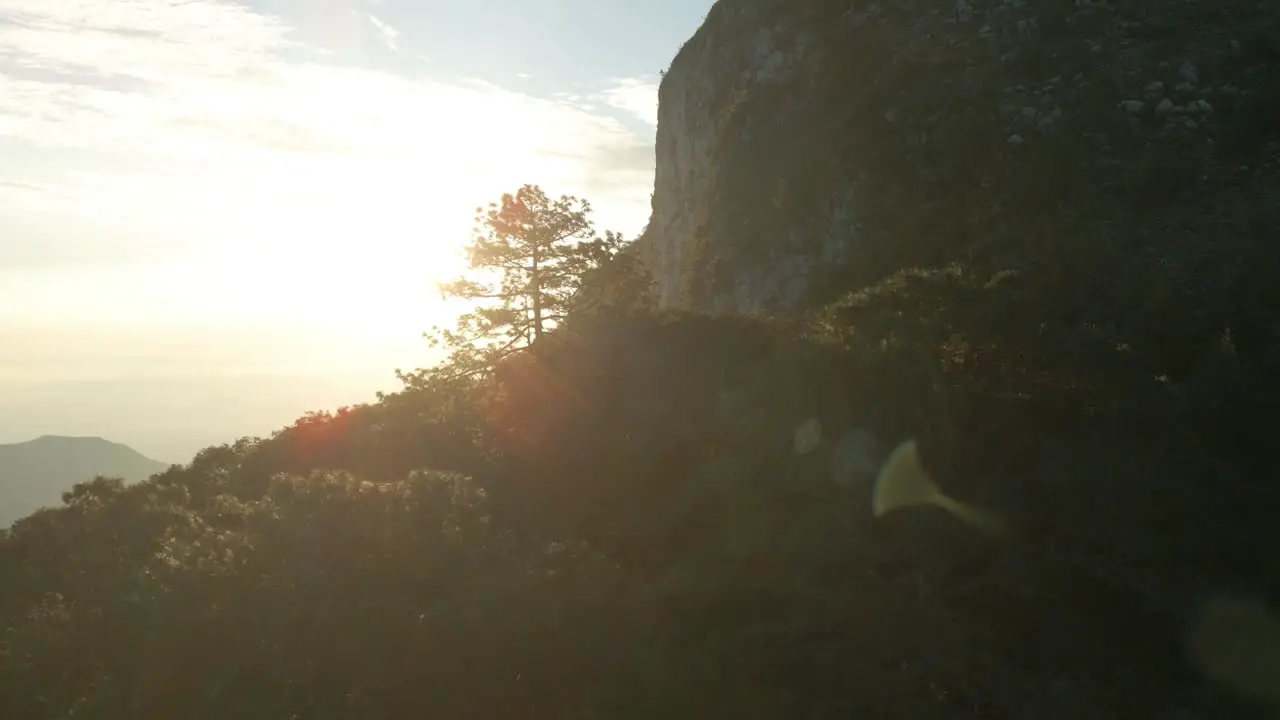 Fly above the forest next to mountain cliff and view of the suns rays from the mountain