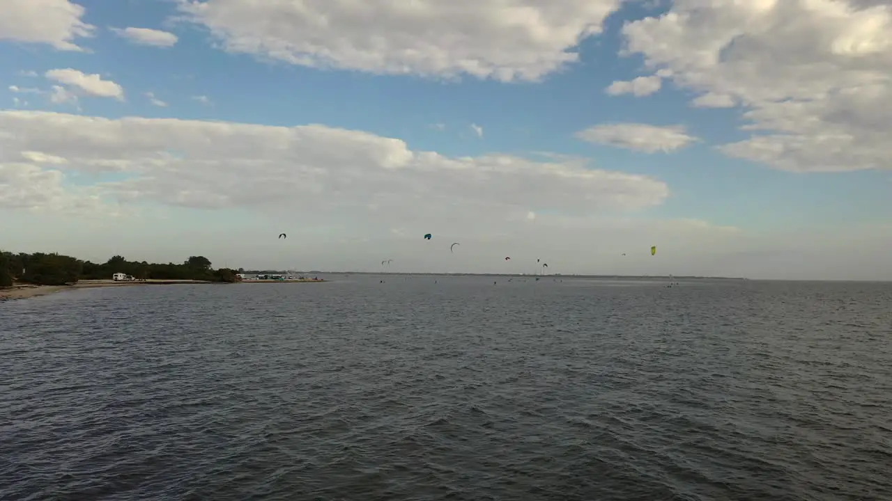 Kite boarders Birds Fish Beach fun day on Tamp Bay in Florida