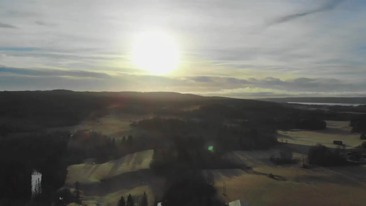 Aerial footage over Vasselhyttan farming village Sweden