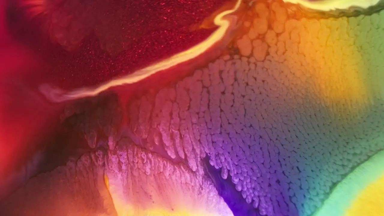 Colorful ink diffusion in water with a spectrum of red purple and yellow hues macro view