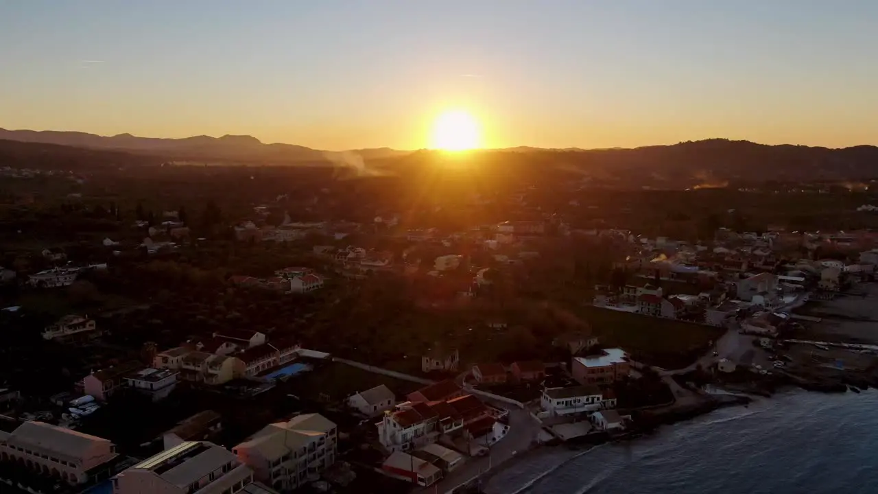 Beautiful sunset in roda beach corfu Greece aerial view