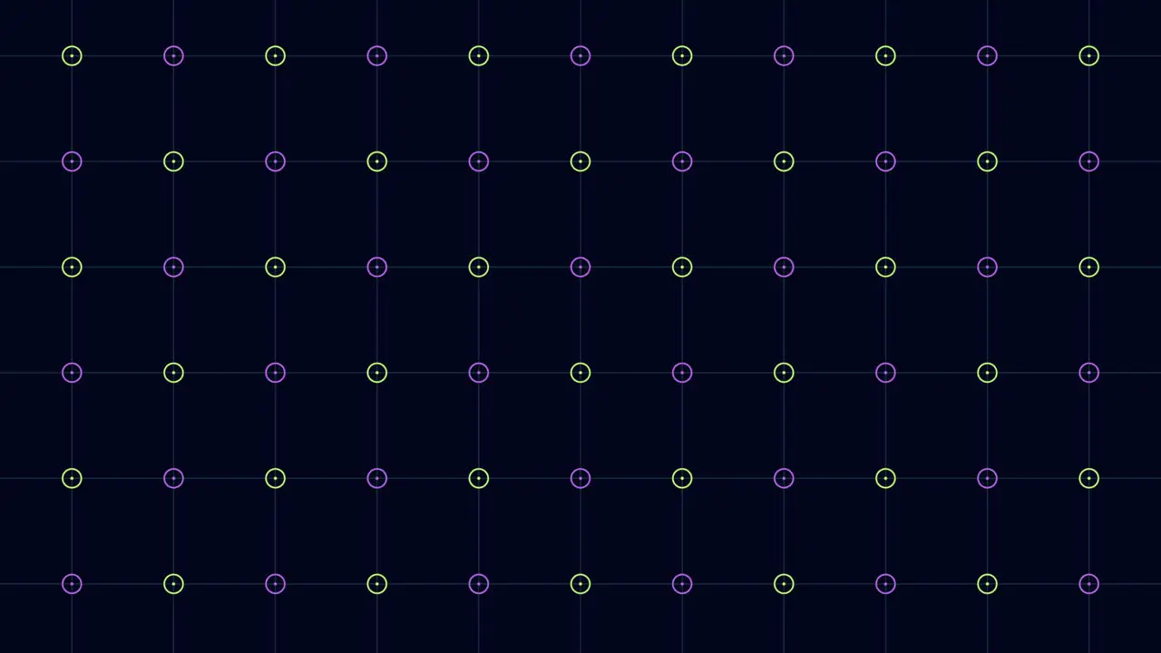 Lively purple and green circle grid pattern on black background