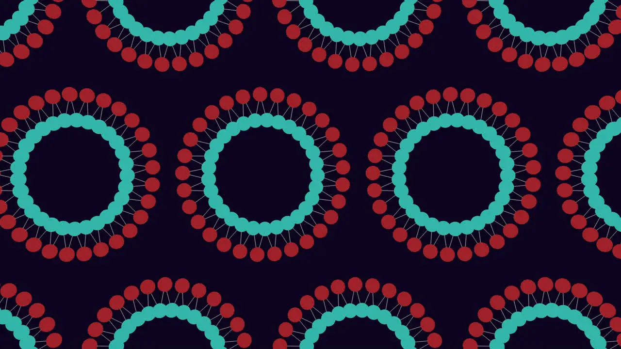 Symmetrical circular pattern of red and blue dots on black background