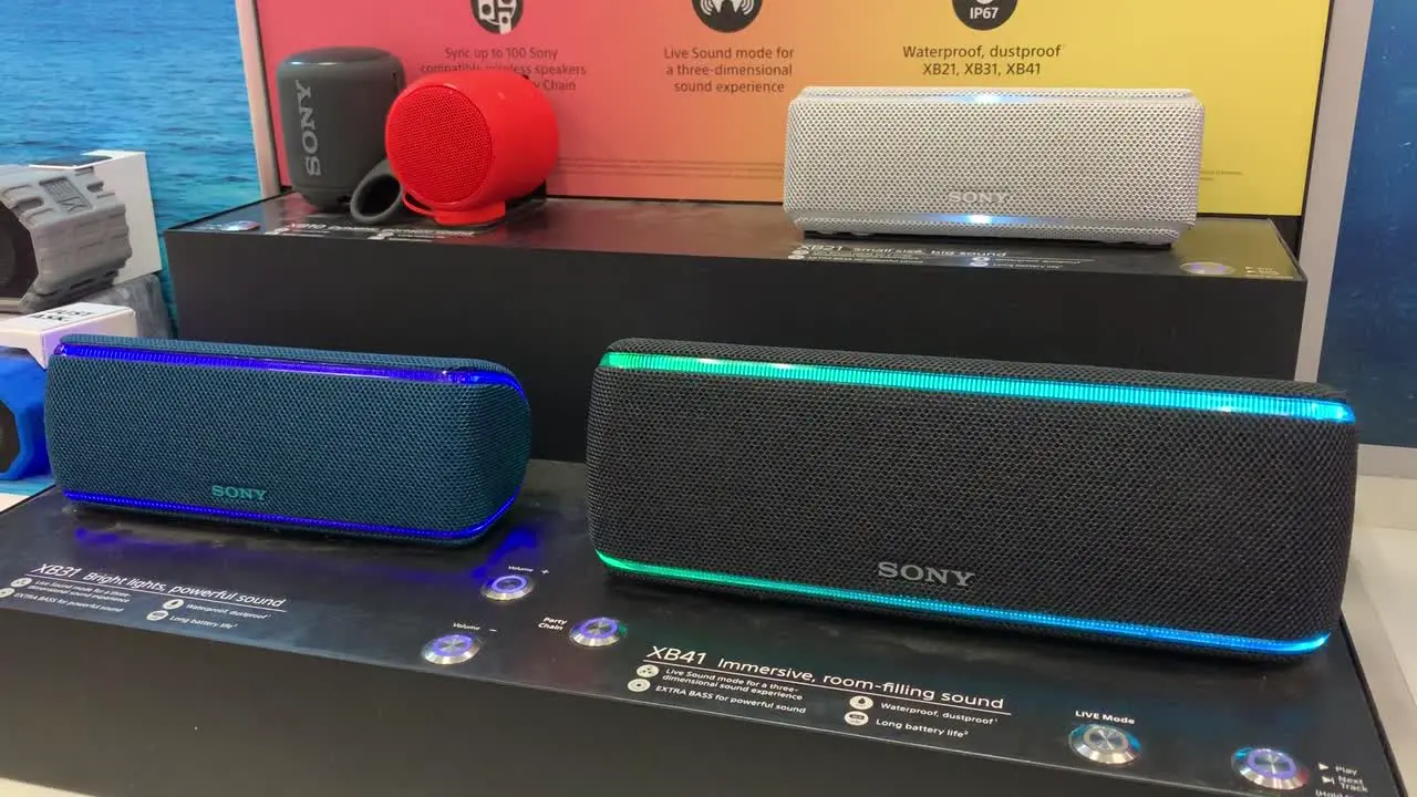 Wireless portable SONY speakers with bright colorful lights to create an audio visual experience for all music lovers