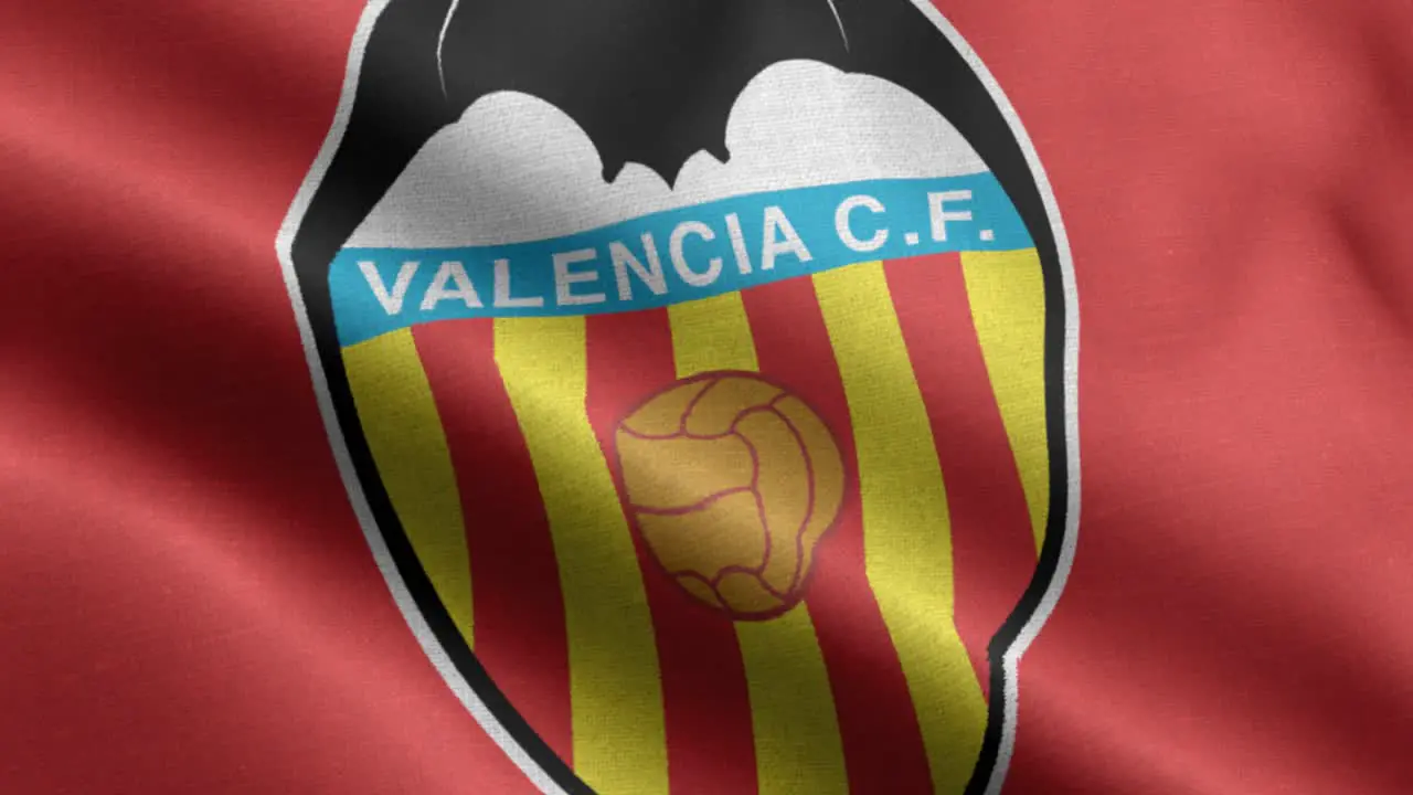 Red closeup 4k animated loop of a waving flag of the Laliga Spanish soccer team Valencia