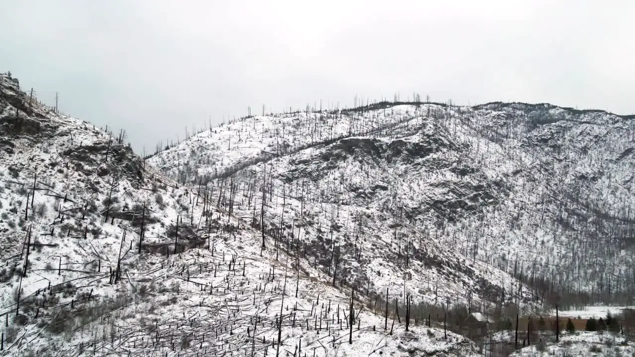 The Lasting Impact of a Forest Fire A Retrospective Reverse Pan Left Shot of Snow-Covered Mountains in the North Thompson River Region Near Kamloops British Columbia Showcasing the Devastation