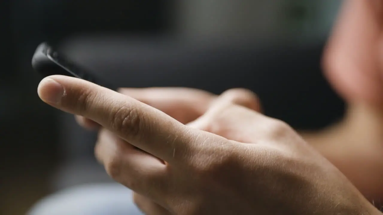 Close-up from side of male hands typing on smartphone shallow DOF