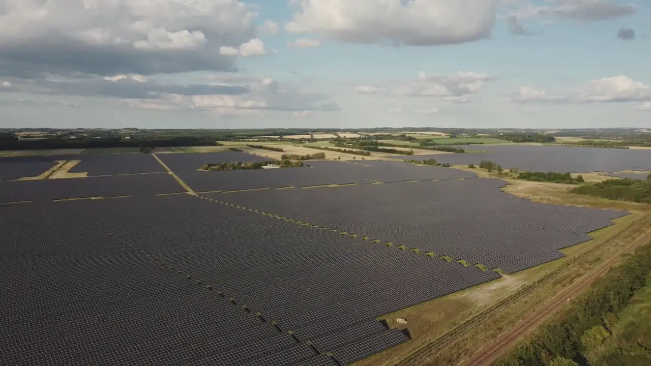 Aerial View Of Solar Power Farm With Vast Landscape Of Solar Cells Near Holstebro Denmark