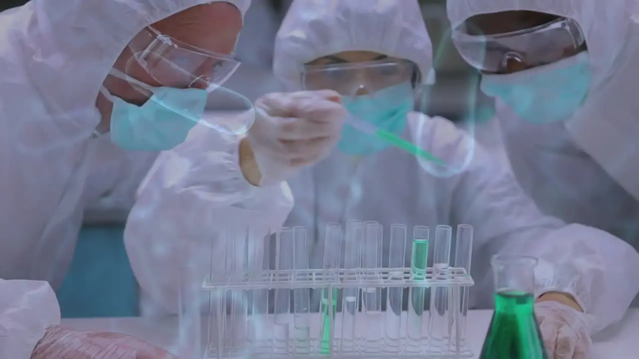 Animation of diverse scientists wearing protective gears taking liquid sample in test tube